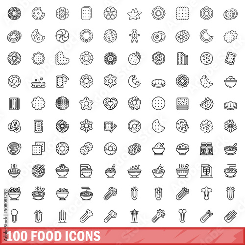 100 food icons set. Outline illustration of 100 food icons vector set isolated on white background