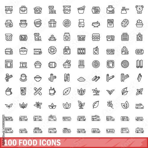 100 food icons set. Outline illustration of 100 food icons vector set isolated on white background