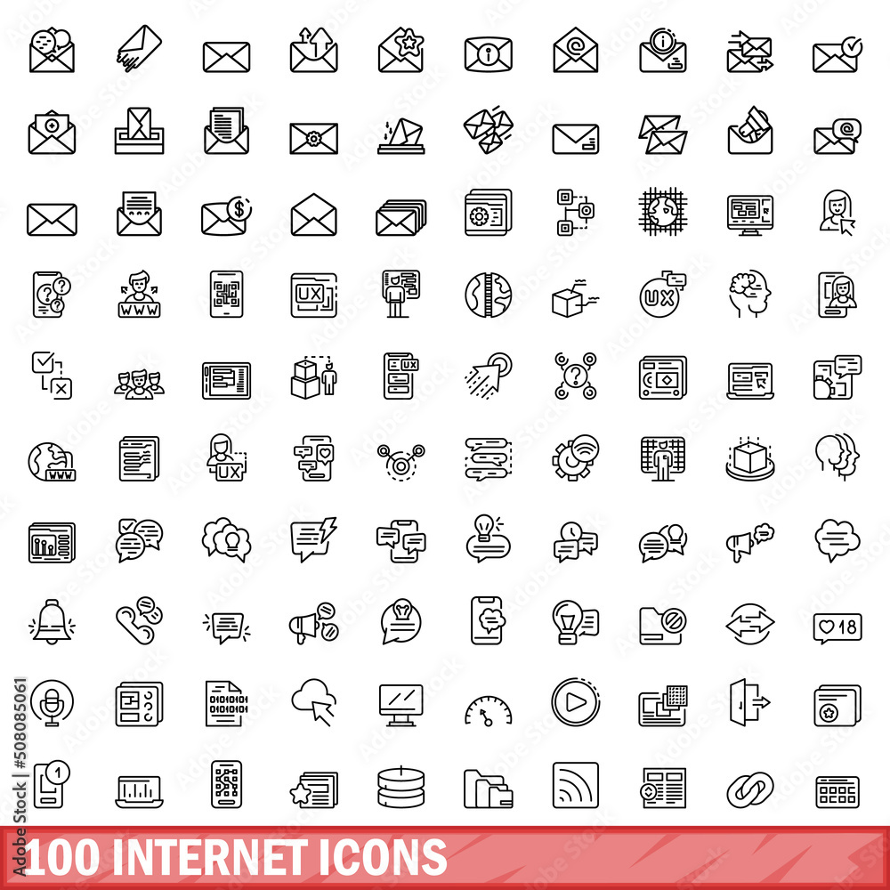 100 internet icons set. Outline illustration of 100 internet icons vector set isolated on white background 100 internet icons set. Outline illustration of 100 internet icons vector set isolated on white background