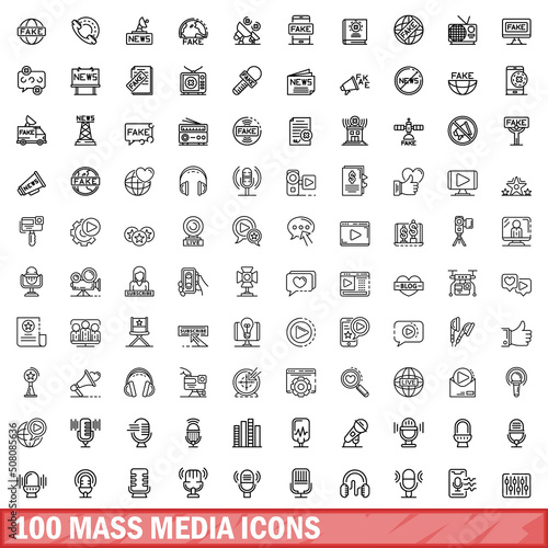 100 mass media icons set. Outline illustration of 100 mass media icons vector set isolated on white background