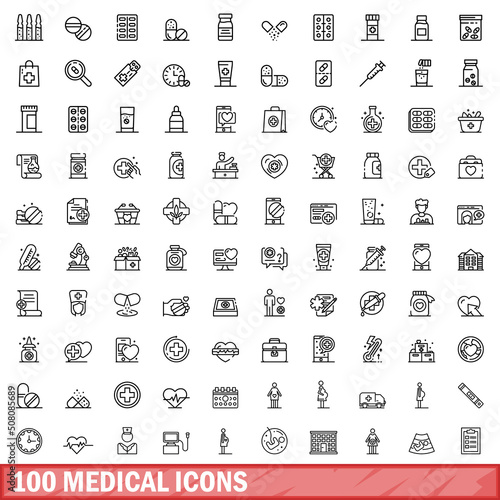 100 medical icons set. Outline illustration of 100 medical icons vector set isolated on white background
