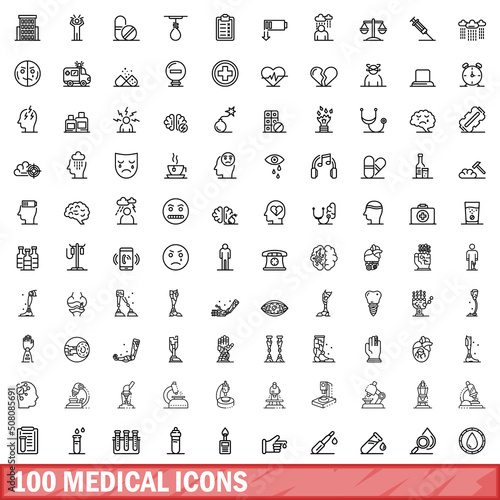 100 medical icons set. Outline illustration of 100 medical icons vector set isolated on white background