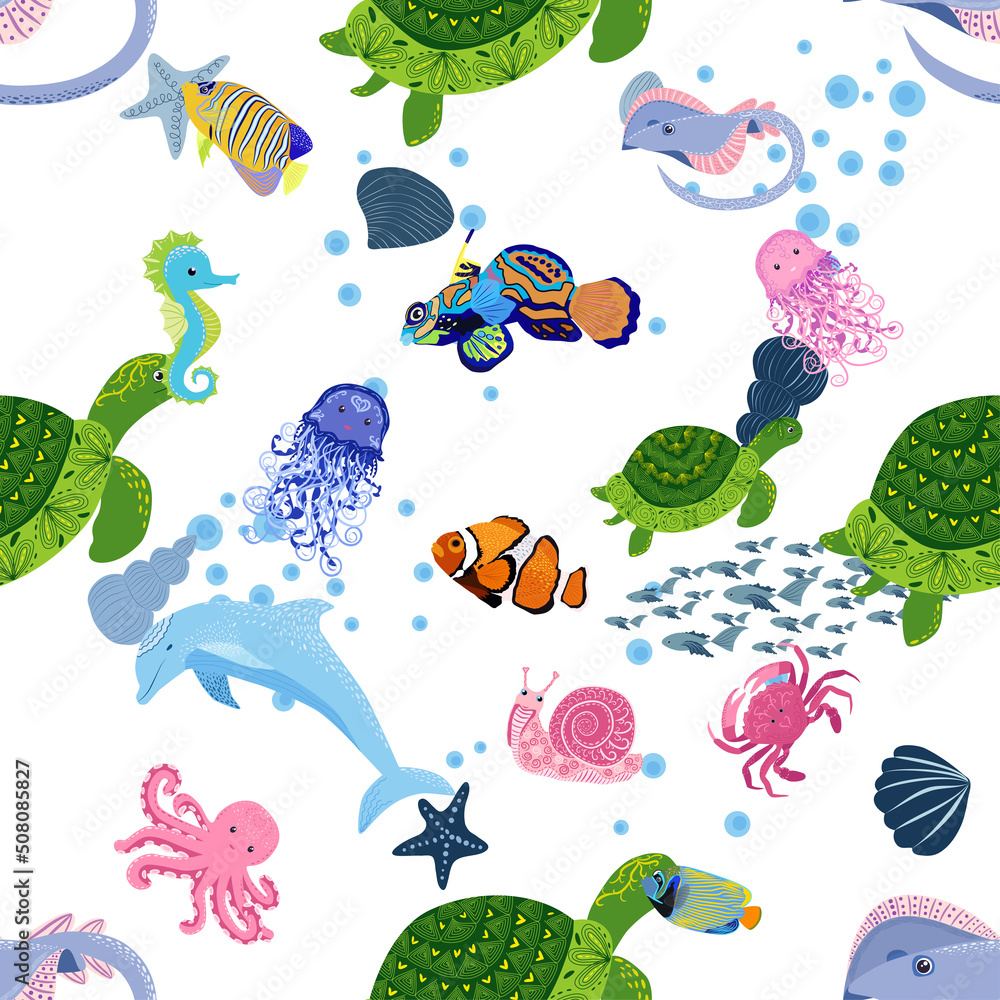 Marine life, fish, animals bright seamless pattern. sea travel, underwater diving animal tropical fish. Jellyfish, whale, shark, seahorse, clown fish, dolphin, turtle, emperor Marine life, fish, animals bright seamless pattern. sea travel, underwater diving animal tropical fish. Jellyfish, whale, shark, seahorse, clown fish, dolphin, turtle, emperor