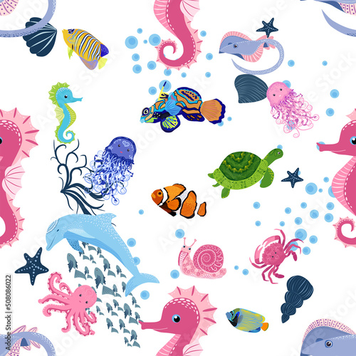 Marine life, fish, animals bright seamless pattern. sea travel, underwater diving animal tropical fish. Jellyfish, whale, shark, seahorse, clown fish, dolphin, turtle, emperor © MichiruKayo