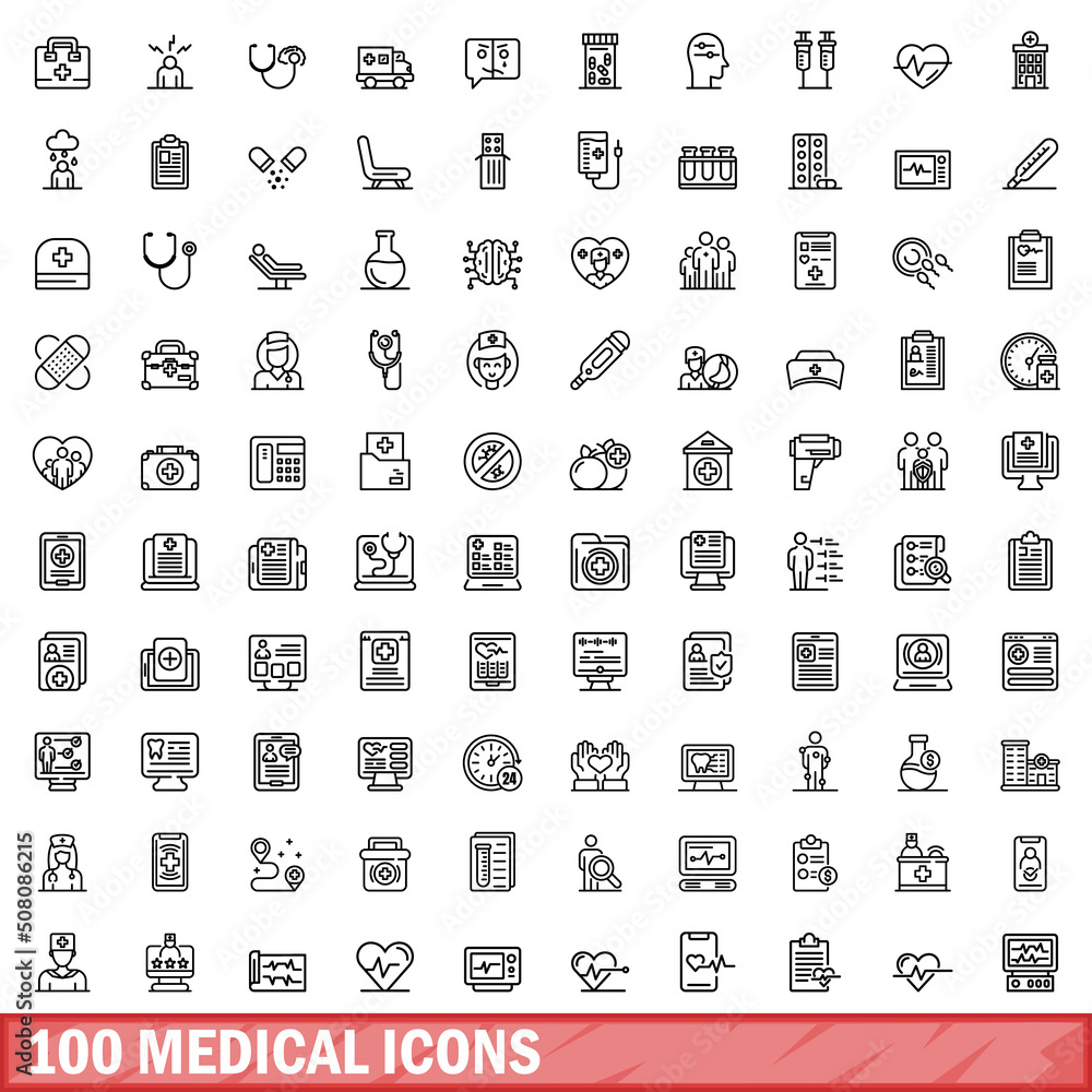 100 medical icons set. Outline illustration of 100 medical icons vector set isolated on white background