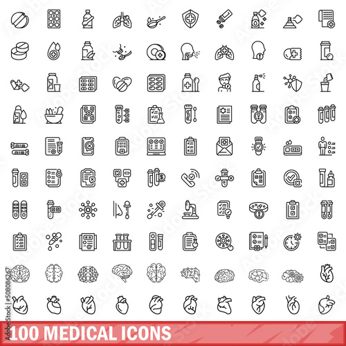 100 medical icons set. Outline illustration of 100 medical icons vector set isolated on white background