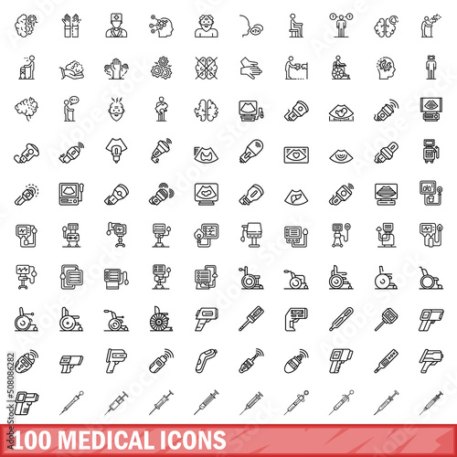 100 medical icons set. Outline illustration of 100 medical icons vector set isolated on white background