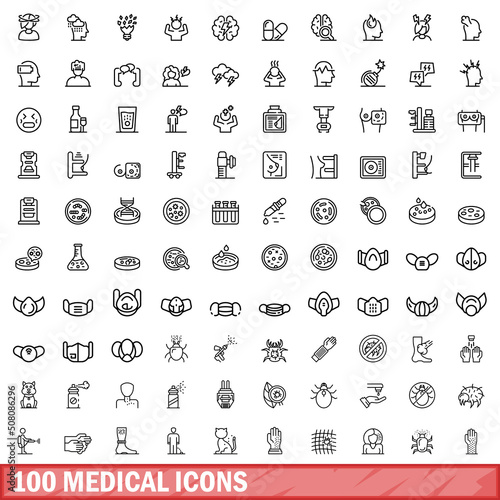 100 medical icons set. Outline illustration of 100 medical icons vector set isolated on white background