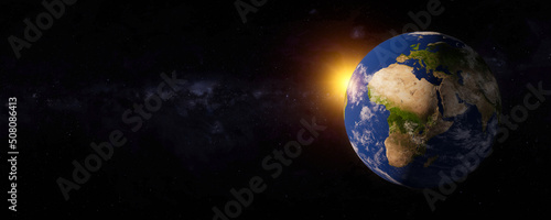 Panoramic view of the earth with sunlight and galaxy. Blue planet. The World Globe from Space. Continents of Europe and Africa and part of Asia. 3D rendering. Elements of this image furnished by NASA.