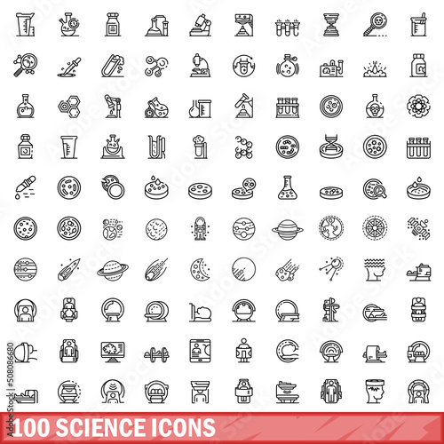 100 science icons set. Outline illustration of 100 science icons vector set isolated on white background