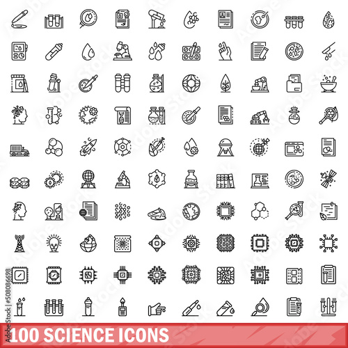 100 science icons set. Outline illustration of 100 science icons vector set isolated on white background