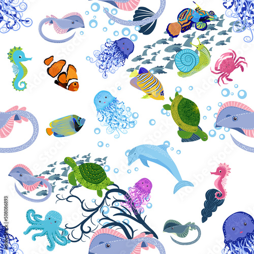 Marine life, fish, animals bright seamless pattern. sea travel, underwater diving animal tropical fish. Jellyfish, whale, shark, seahorse, clown fish, dolphin, turtle, emperor