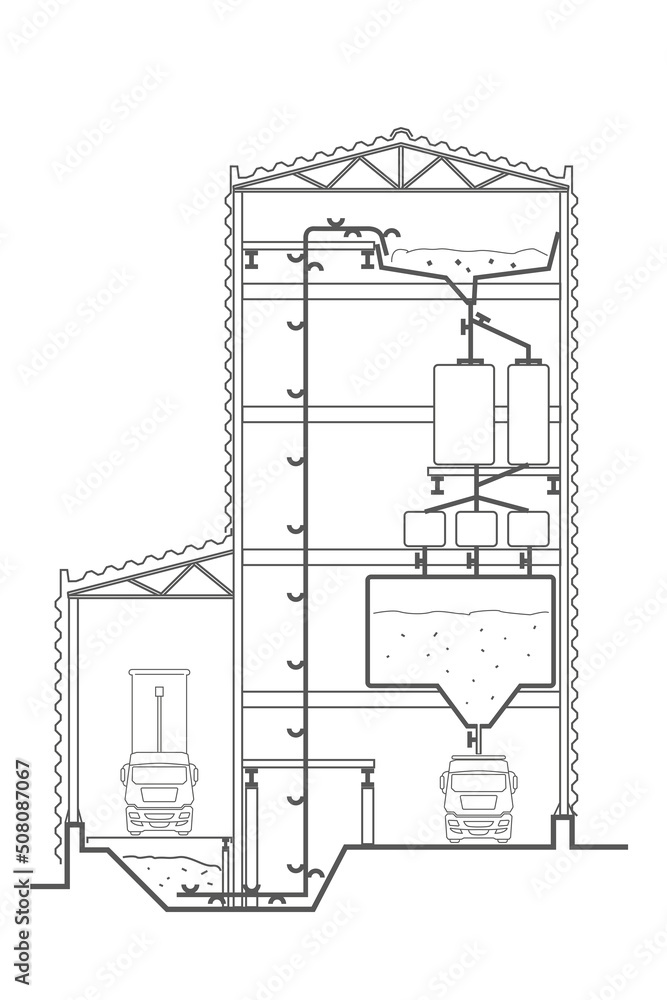 Linear architectural sketch factory section with elevator on white background Linear architectural sketch factory section with elevator on white background