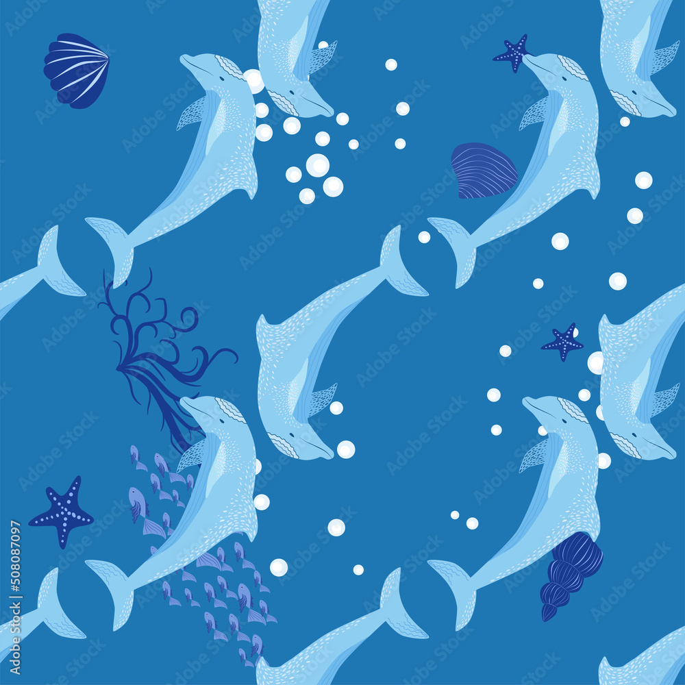 Obraz premium Dolphin, sea inhabitants seamless pattern, beautiful character among seashells, algae, starfish, marine wildlife