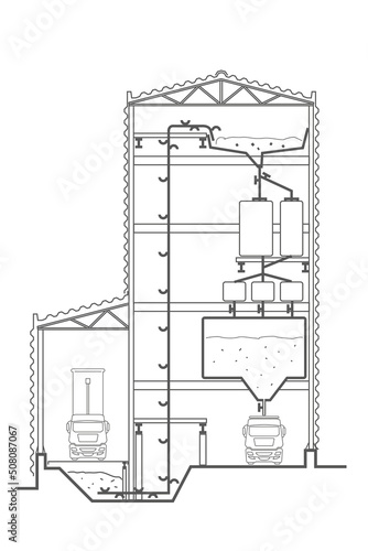 Linear architectural sketch factory section with elevator on white background