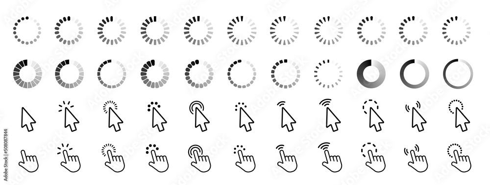 Loading icons. Waiting symbol sign. Pointer click icon. Clicking cursor, pointing hand clicks. Website arrows or hands cursors tools, computer interface button. Vector isolated symbols collection