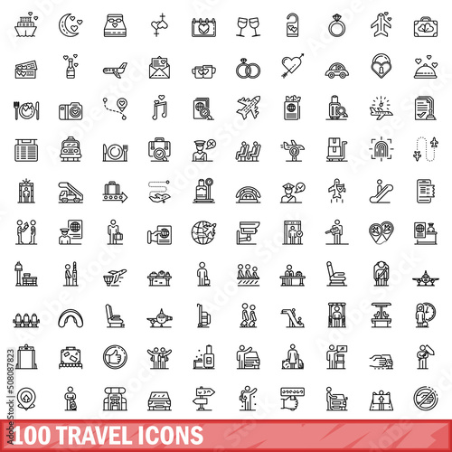 100 travel icons set. Outline illustration of 100 travel icons vector set isolated on white background