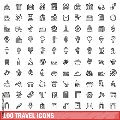 100 travel icons set. Outline illustration of 100 travel icons vector set isolated on white background