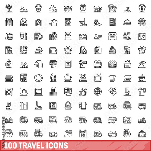 100 travel icons set. Outline illustration of 100 travel icons vector set isolated on white background