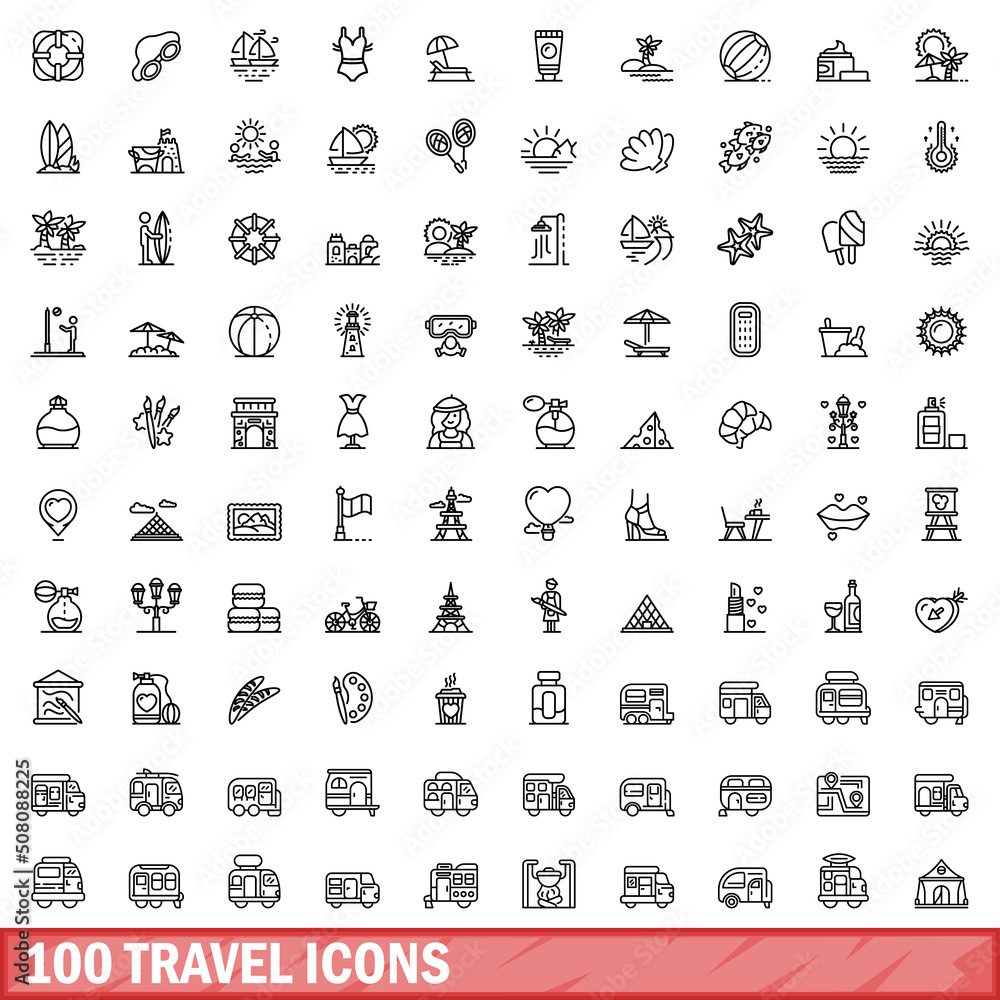 100 travel icons set. Outline illustration of 100 travel icons vector set isolated on white background 100 travel icons set. Outline illustration of 100 travel icons vector set isolated on white background