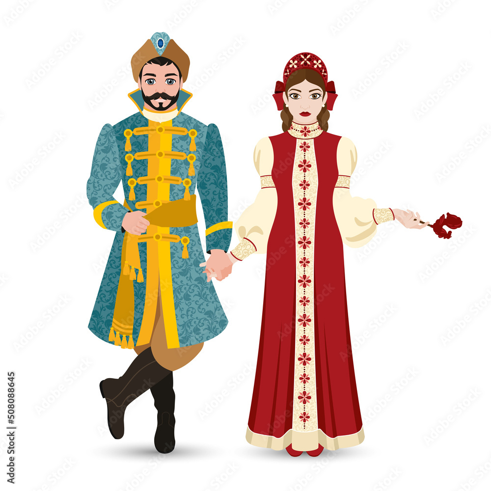 Young couple in Russian national costume on an isolated background. A woman in a kokoshnik and a red sundress with embroidery. A man in an embroidered caftan tied with a sash. Vector illustration.