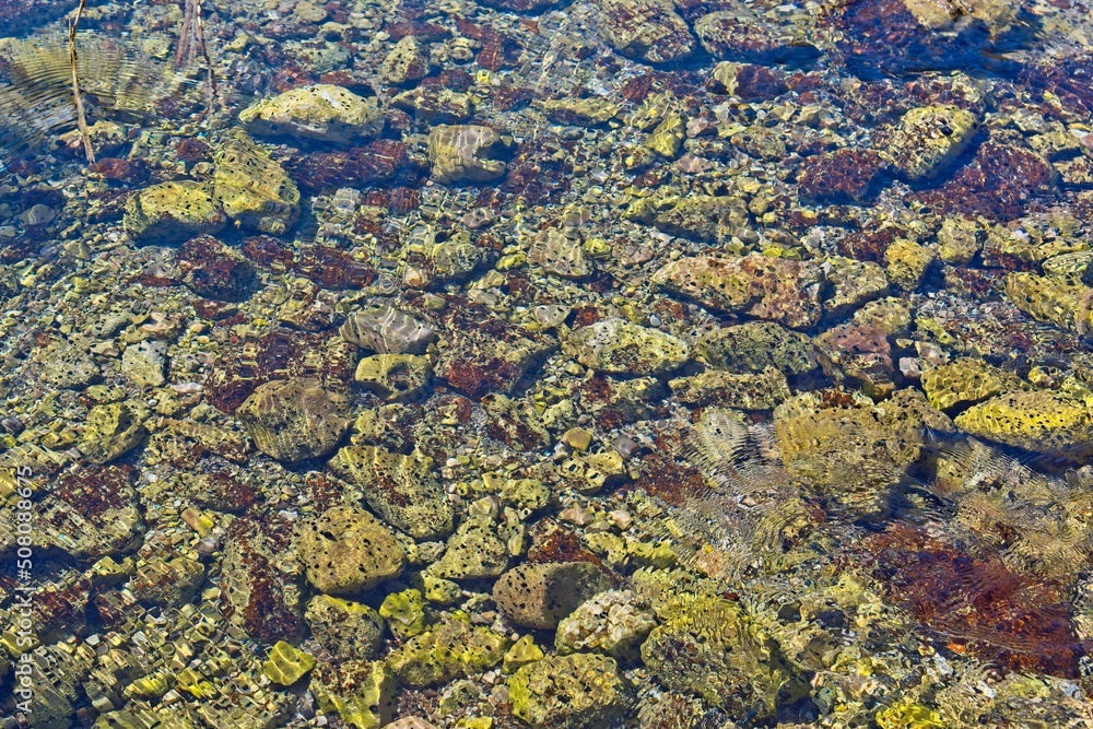 Large and small stones at the bottom covered with clear water of Lake Baikal on a sunny day. High quality photo