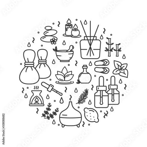 Aromatherapy Round Design Template Thin Line Icon Concept. Vector