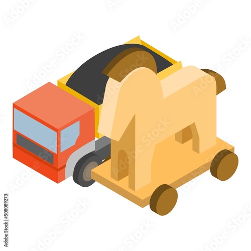Transportation safety icon isometric vector. Dump truck and wooden trojan horse. Coal transportation, trojan horse computer virus, security