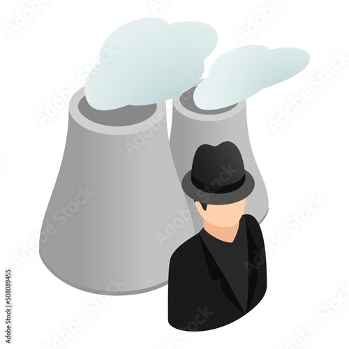 Environment pollution icon isometric vector. Male character near cooling tower. Nuclear power plant, heavy industry, air pollution