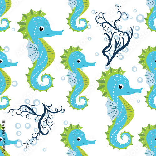 Cute seahorses cartoon seamless pattern. Hand drawn ocean animals. Nautical beach  Sea life fun underwater