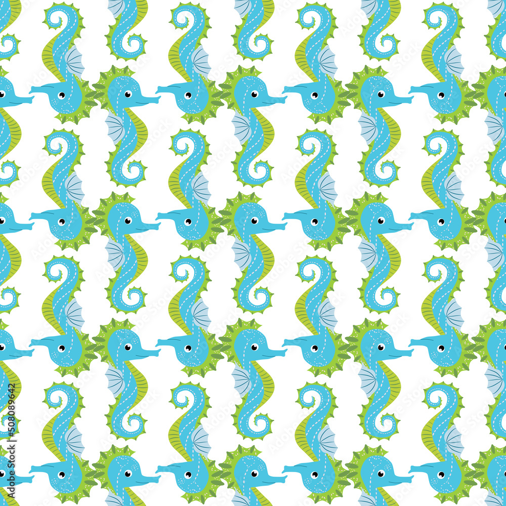 Cute seahorses cartoon seamless pattern. Hand drawn ocean animals. Nautical beach, Sea life fun underwater Cute seahorses cartoon seamless pattern. Hand drawn ocean animals. Nautical beach, Sea life fun underwater