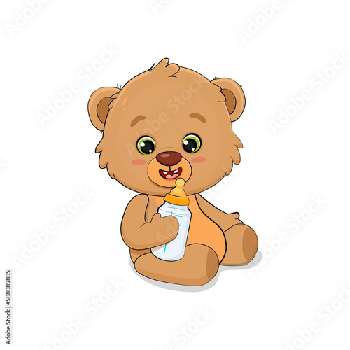   ute cartoon teddy bear with a bottle of milk.Baby teddy bear.Card for a newborn.