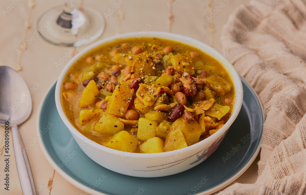 Spicy bacon and potato stew with herbs and spices. Spicy bacon and potato stew with herbs and spices.