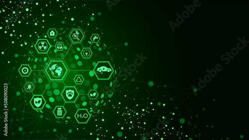 Vector neon ecological background. Green world design. Texture of plexus hexagons, lines, circles, spheres. Eco icons. Eco-friendly universe. Clean energy. Poster business, social networks, websites