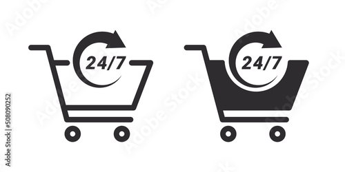 Convenience store icon. 24 hours 7 days in week icons. Vector images
