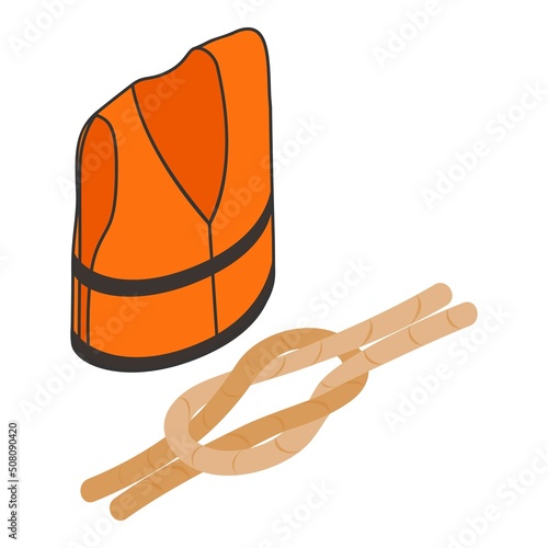 Sea equipment icon isometric vector. Orange life jacket, rope with nautical knot. Marine theme, seafaring