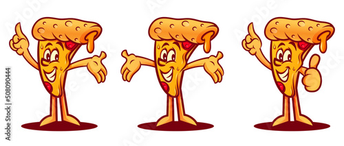 Cartoon style pizza slice mascot with lively expression and fun features. Includes details like melting cheese, pepperoni and a cheerful look