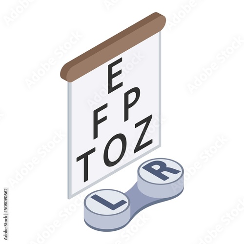 Vision testing icon isometric vector. Snellen chart and contact lens container. Checking vision, ophthalmology concept, contact lenses, ophthalmic accessory
