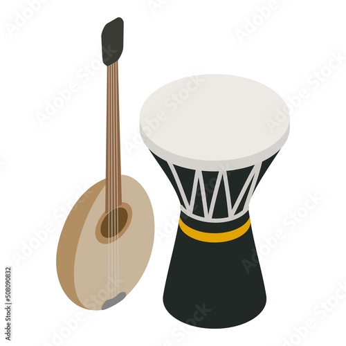 Music instrument icon isometric vector. Traditional wooden saz and darbuka drum. Folk music instrument, eastern culture photo