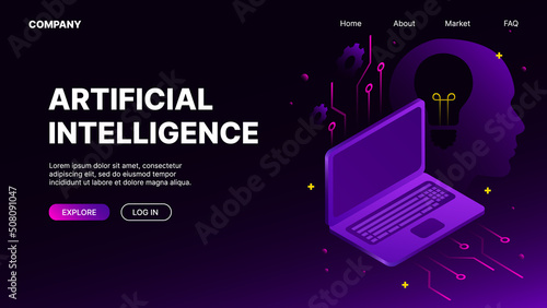 Artificial Intelligence Landing Page in Dark Theme. Vector illustration
