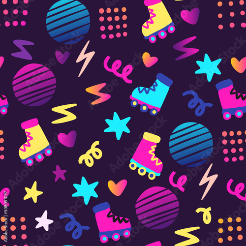 Stampa su tela Party cool roller skates 80s styled seamless pattern. Vector.