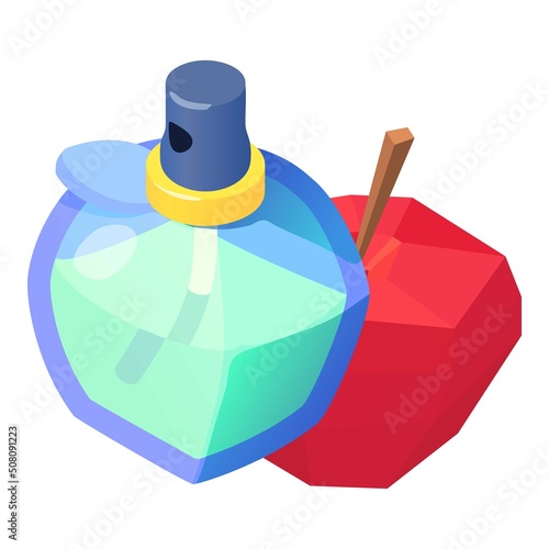 Perfume concept icon isometric vector. Bottle of perfume and red apple polygonal. Parfum de toilette, fruity aroma, perfumery