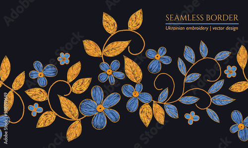 Flower embroidery color illustration on black. Ethnic fabric floral seamless border