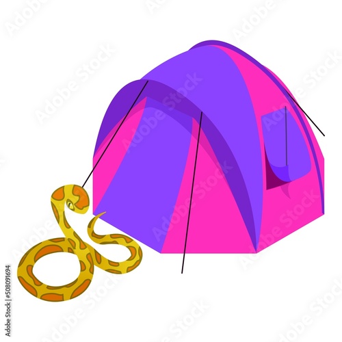 Tiger python icon isometric vector. Python snake near colorful camping tent icon. Camping, ecotourism, summer rest, recreation, journey