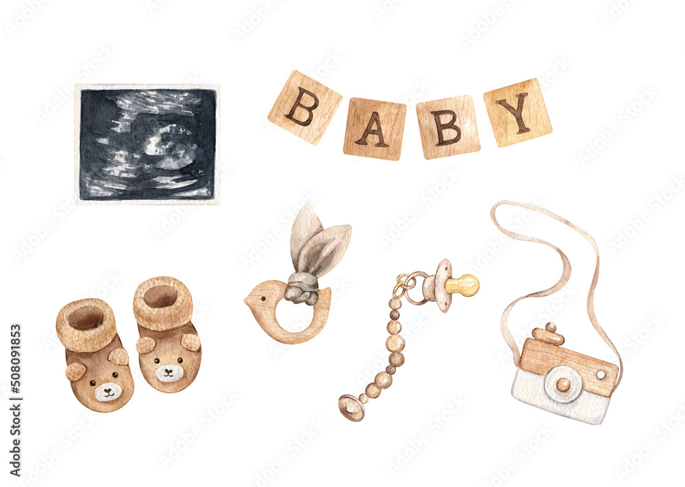 Watercolor baby accessories illustration, newborn clipart set ...