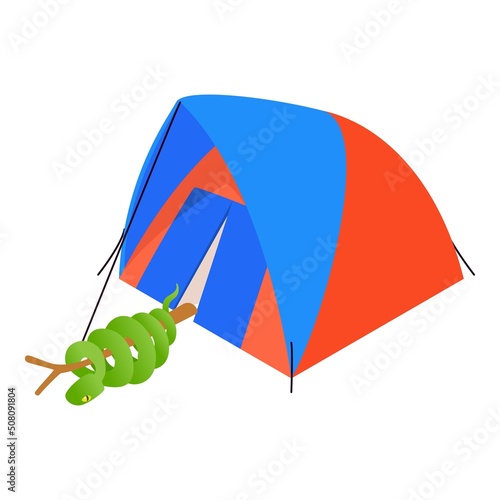 Green snake icon isometric vector. Tree boa near modern colorful camping tent. Camping, ecotourism, summer rest, recreation, journey