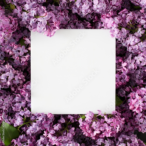 Creative layout made of flowers and leaves with note paper card. Nature concept. Flat lay.