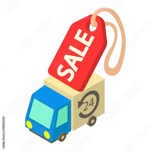 Delivery service icon isometric vector. Truck delivery, tag with inscription sale. Twenty four hour delivery service, shipping