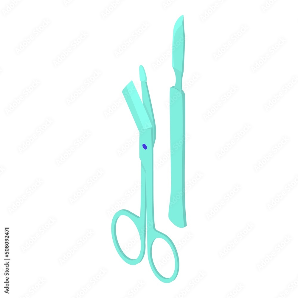 Surgical instrument icon isometric vector. Metallic medical scissors and scalpel. Medical instrument, surgery, healthcare