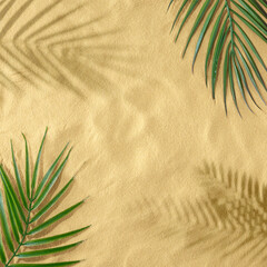 Tropical bright colorful background with green tropical leaves and shadow of sandy background. Minimal summer concept with palm leaf. Border arrangement.